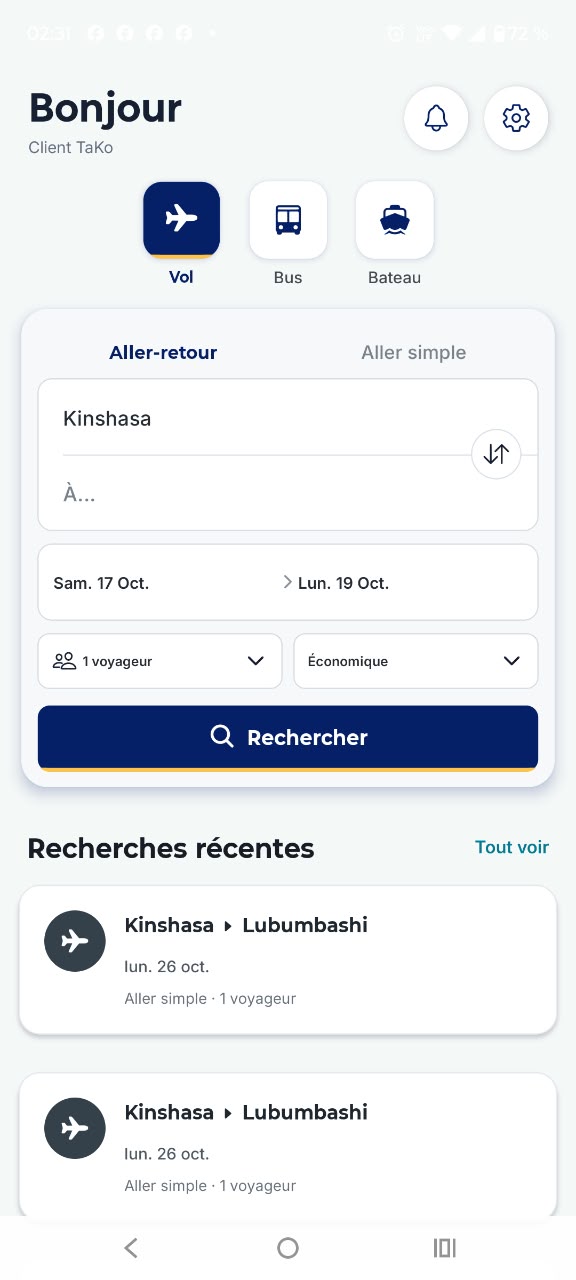 Écran d’accueil de l’application mobile TaKo